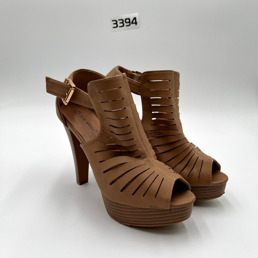 Top Moda Table-6 Women's 7.5 Sandal Brown Leather Block Heel Gladiator Sandals